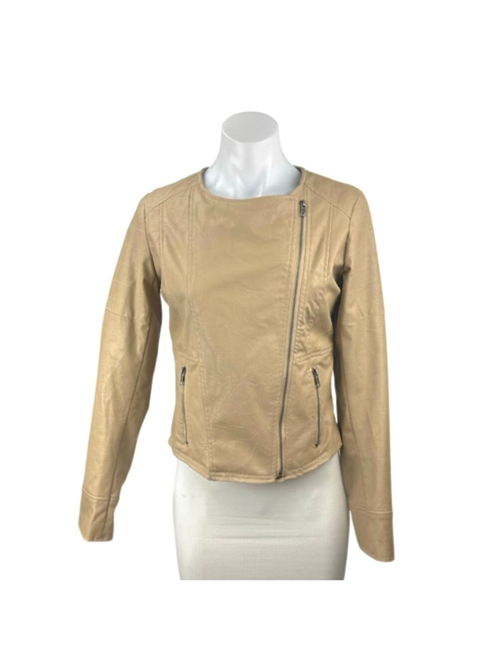 Jack Women's Beige Faux Leather Vegan Asymmetric Zip Up Biker Moto Jacket Size S